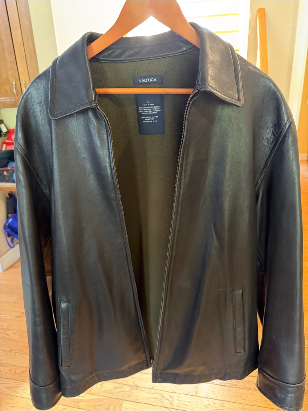 Nautica Black Leather Bomber-Style Jacket